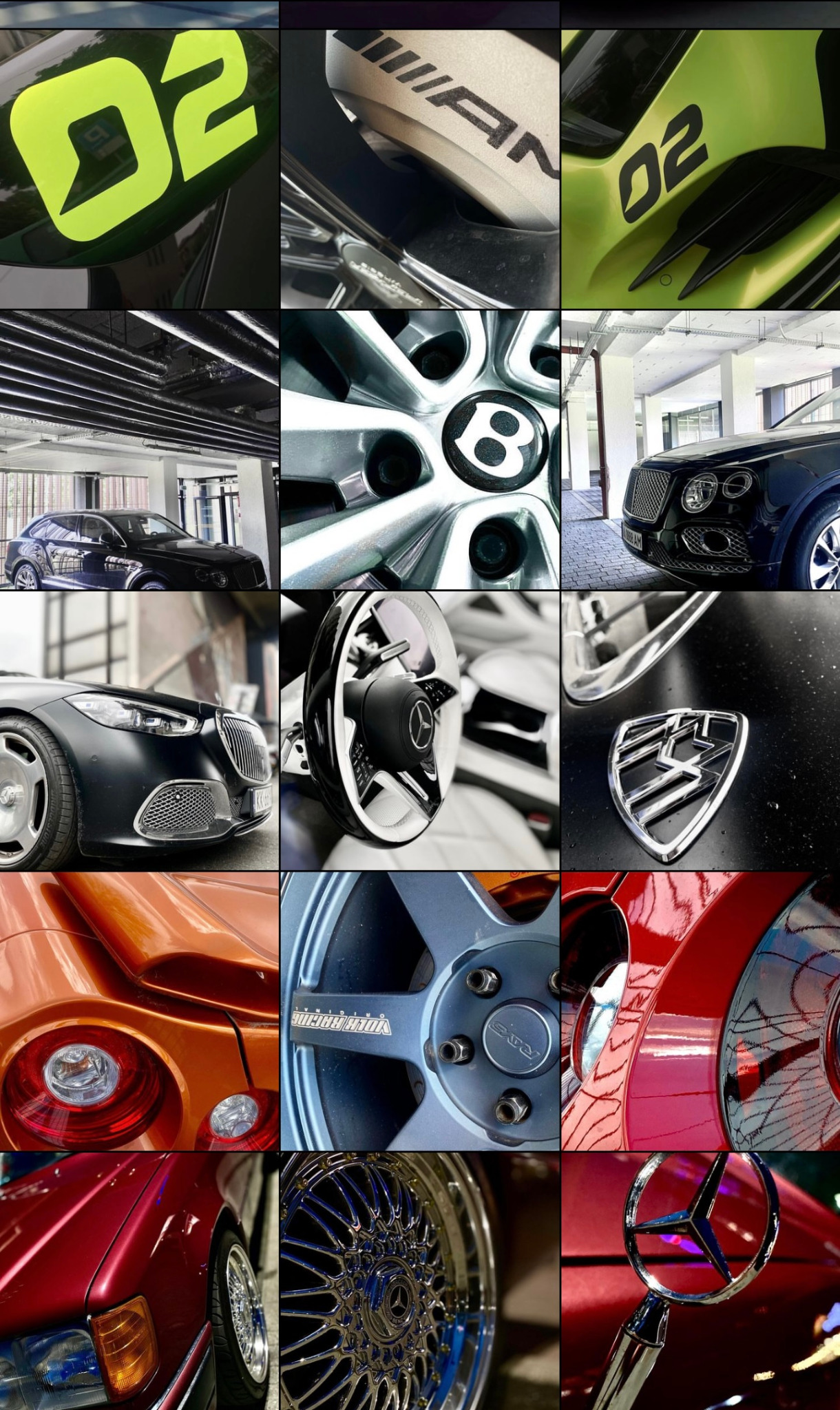 Kolaż detali samochodów luksusowych różnych marek: logo, felgi, reflektory, elementy karoserii w zbliżeniu.