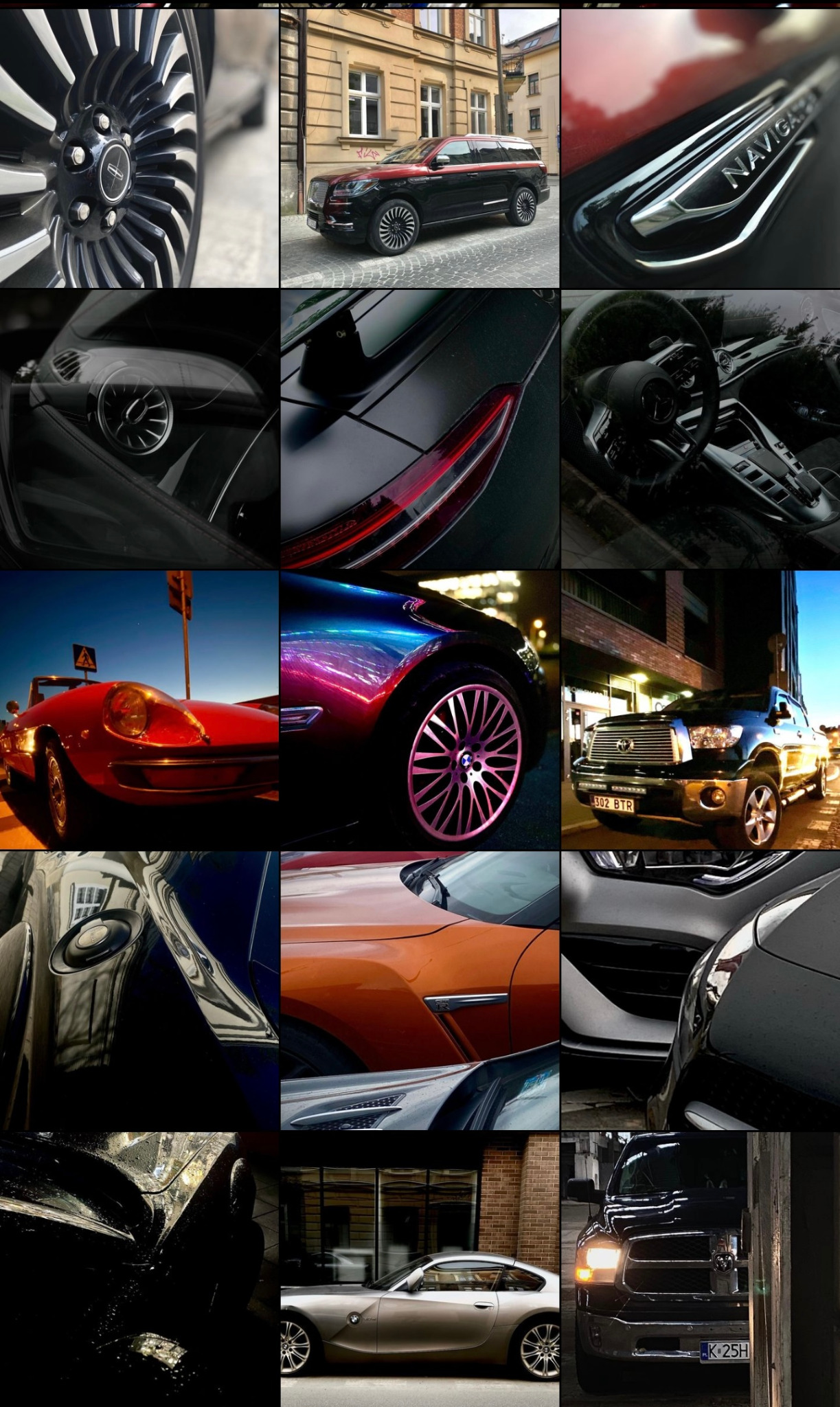 Kolaż detali różnych samochodów: felgi Lincoln Navigator, wnętrze Mercedesa AMG, reflektor Toyoty Tundry, karoseria BMW Z4 i innych, prezentujące różnorodność designu i stylów.