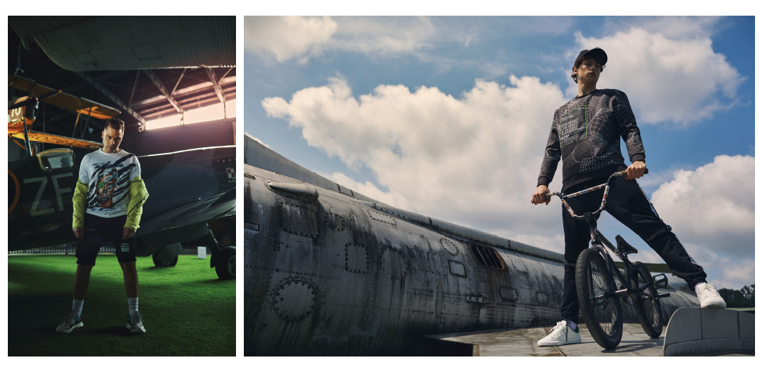 Dwa ujęcia: po lewej mężczyzna w koszulce z grafiką i kurtce stoi na sztucznej trawie przed samolotem; po prawej mężczyzna na rowerze stoi na skrzydle samolotu na tle nieba z chmurami.