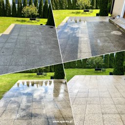 Firma Handlowo Usługowa ŁUKASZ SZLASKI - Porównanie kostki brukowej przed i po umyciu, widoczne różnice w czystości i odblaskach na powierzchni, tło z zielonym trawnikiem i tujami.