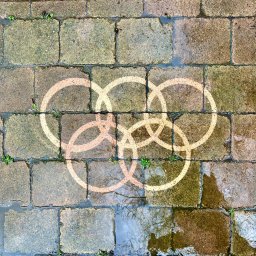 Firma Handlowo Usługowa ŁUKASZ SZLASKI - Ślady po czyszczeniu kostki brukowej w kształcie pięciu kół olimpijskich, widoczne na mokrej powierzchni z porostami i chwastami w spoinach.