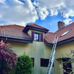 Dom z czerwoną dachówką i rynnami, drabina oparta o elewację, błękitne niebo z chmurami w tle. Przy elewacji rosną drzewa.