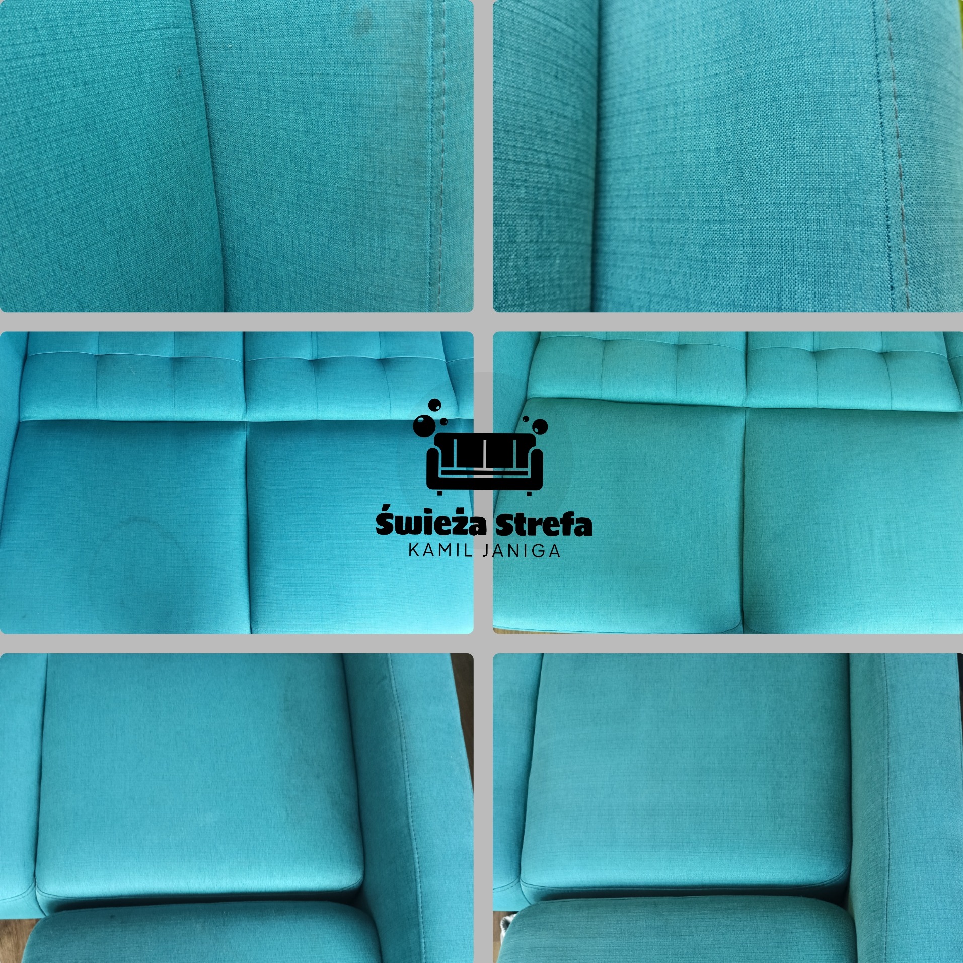 Turkusowa kanapa przed i po czyszczeniu, widoczne różnice w czystości tapicerki. Logo firmy na środkowym panelu.