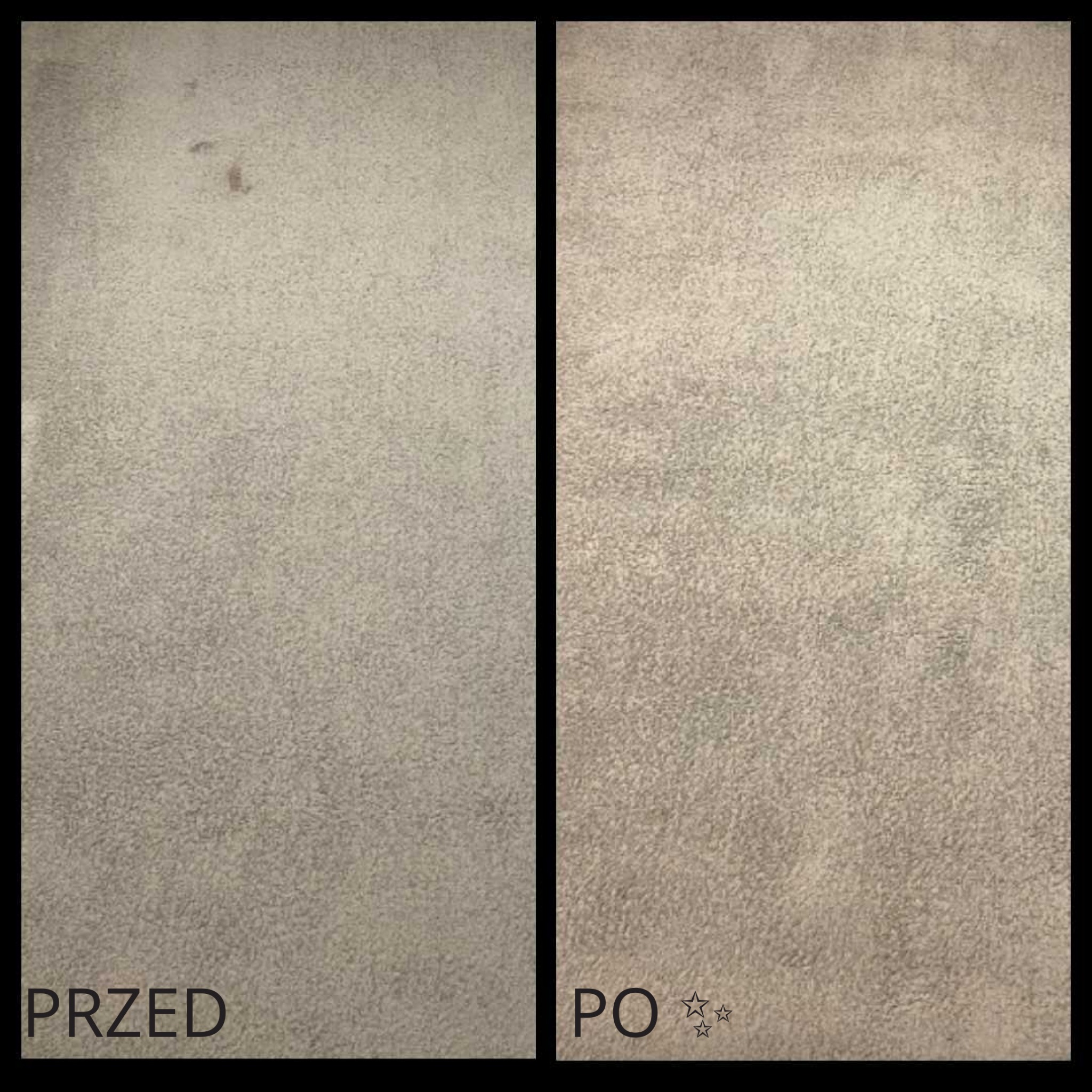 Dywan w odcieniach szarości: stan przed i po czyszczeniu, widoczne usunięte plamy. Efekt prania dywanu prezentowany w zestawieniu.