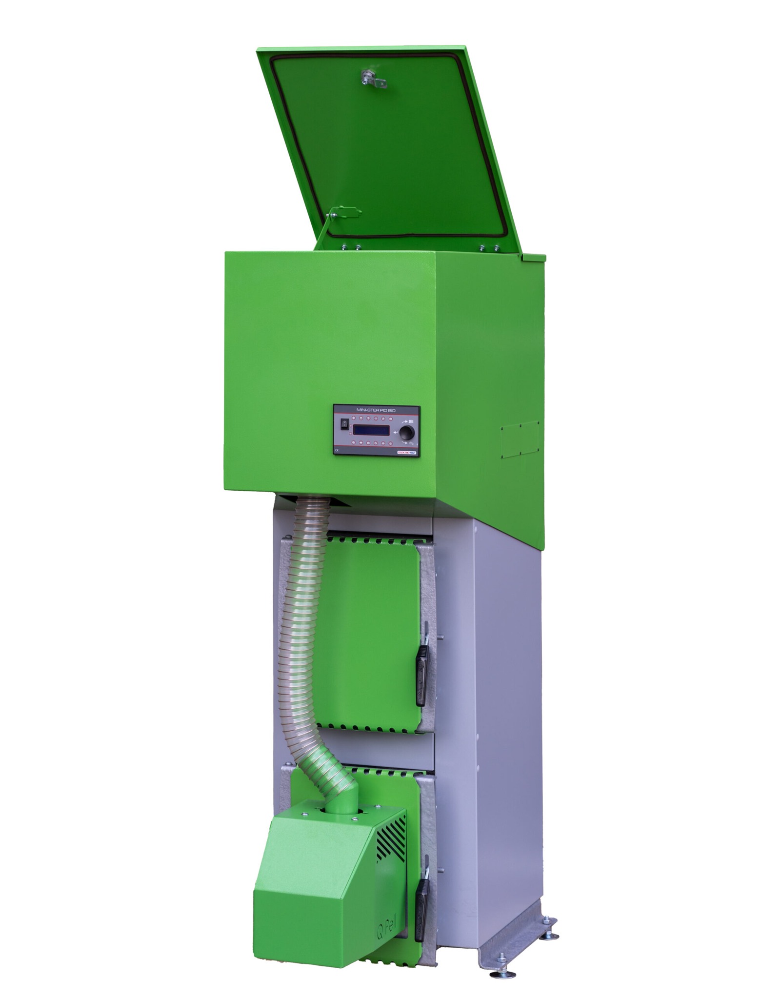 Nowoczesny piec na pellet z otwartą klapą, w odcieniach zieleni i szarości, z widocznym panelem sterowania i elementami instalacji. Prezentacja urządzenia grzewczego.