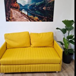 Malowniczy druk na ścianie w małym salonie.