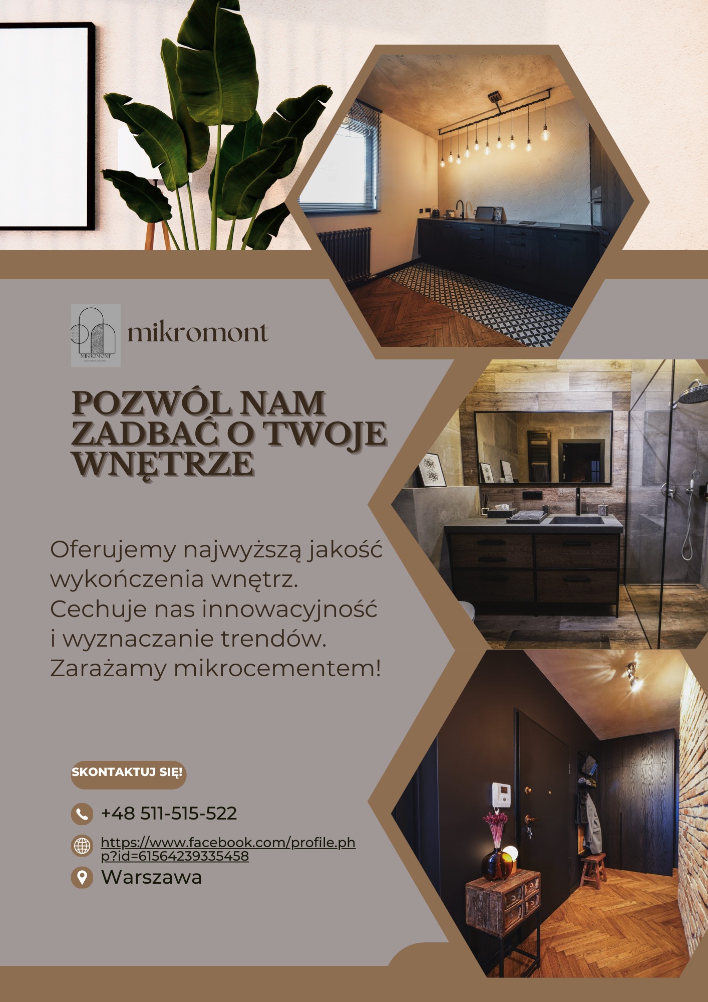 Plakat reklamowy firmy Mikromont prezentujący wykończone wnętrza: kuchnię z czarnymi szafkami i wzorzystą podłogą, łazienkę z drewnianymi elementami i kabiną prysznicową oraz przedpokój z parkietem...