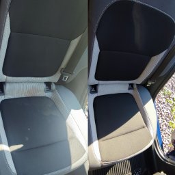 CLEAN KAM Kamila Zaczyk - Porównanie: fotel samochodowy przed i po praniu tapicerki, widoczne wyraźne usunięcie plam i zabrudzeń na materiale.