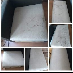 CLEAN KAM Kamila Zaczyk - Kolaż przedstawiający jasny, tapicerowany fotel przed i po usunięciu plam, z wyraźnymi śladami po czyszczeniu na niektórych ujęciach.