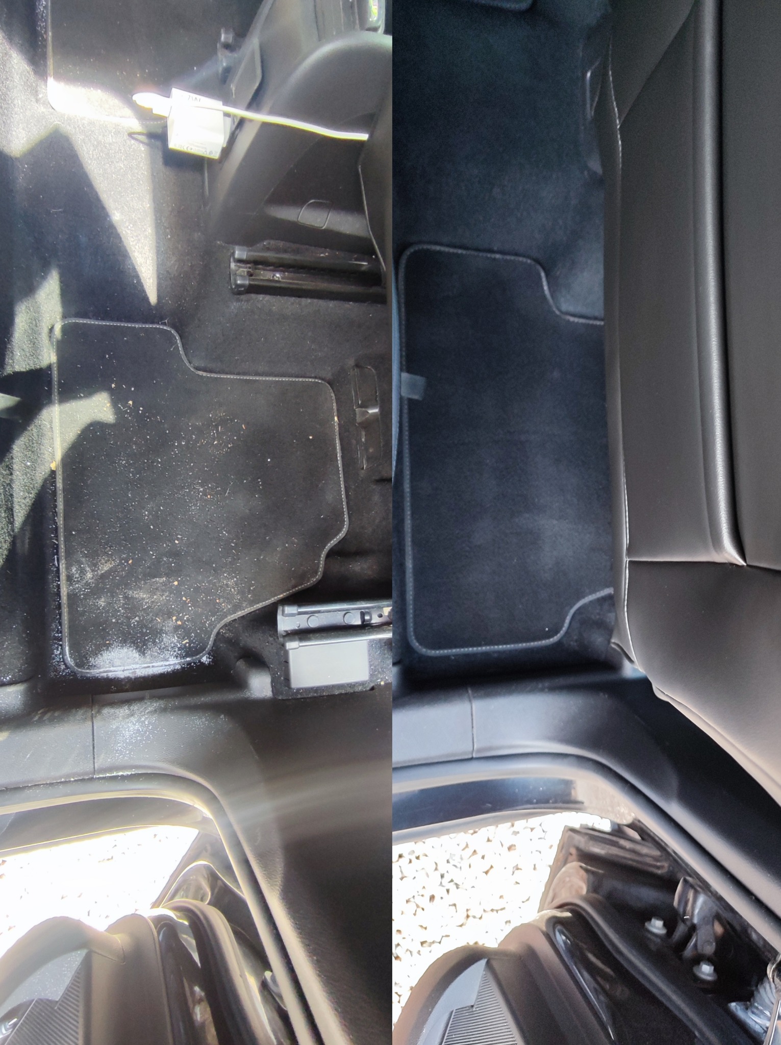 Porównanie stanu dywanika samochodowego przed i po czyszczeniu: po lewej stronie widoczny zabrudzony dywanik z piaskiem i plamami, po prawej - czysty, odświeżony dywanik z widoczną strukturą włókien.