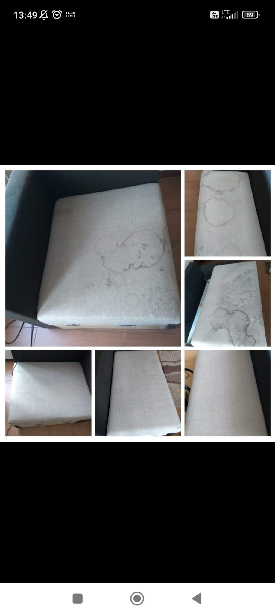 Kolaż przedstawiający jasny, tapicerowany fotel przed i po usunięciu plam, z wyraźnymi śladami po czyszczeniu na niektórych ujęciach.