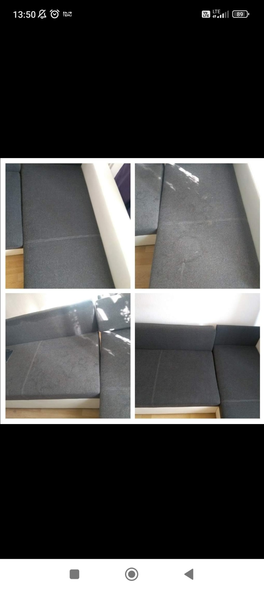 Czteropanelowe zdjęcie porównawcze szarej, modułowej sofy narożnej przed i po czyszczeniu, ukazujące różnicę w odcieniu i usunięcie plam.