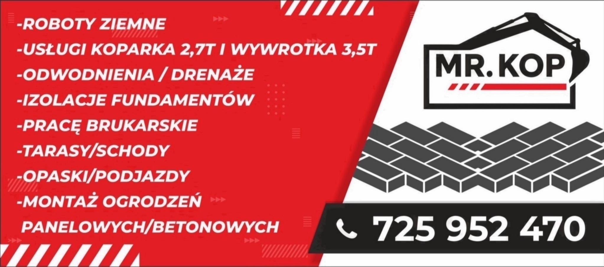 Grafika reklamowa firmy MR.KOP oferującej roboty ziemne, usługi koparką, drenaże, izolacje fundamentów, prace brukarskie, tarasy, schody, opaski, podjazdy i montaż ogrodzeń.
