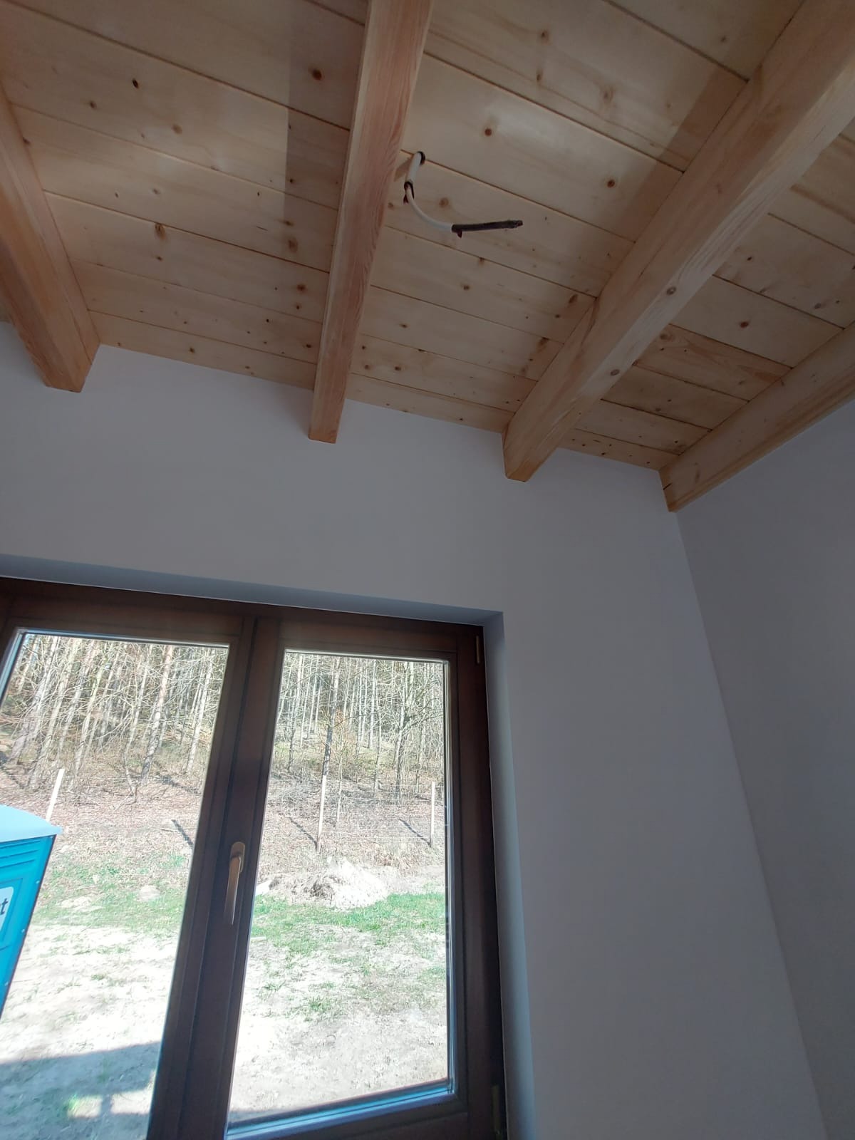 Drewniany sufit poddasza z widocznymi belkami, przewody elektryczne wystające z sufitu, okno z widokiem na las.