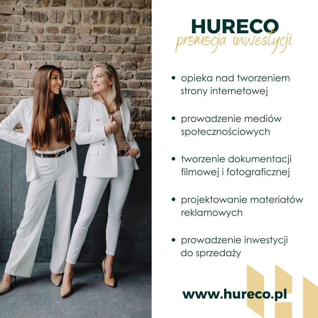 Dwie uśmiechnięte kobiety w białych garniturach, stojące na tle ceglanej ściany, obok grafiki z listą usług firmy Hureco promującej inwestycje, z uwzględnieniem opieki nad tworzeniem stron...