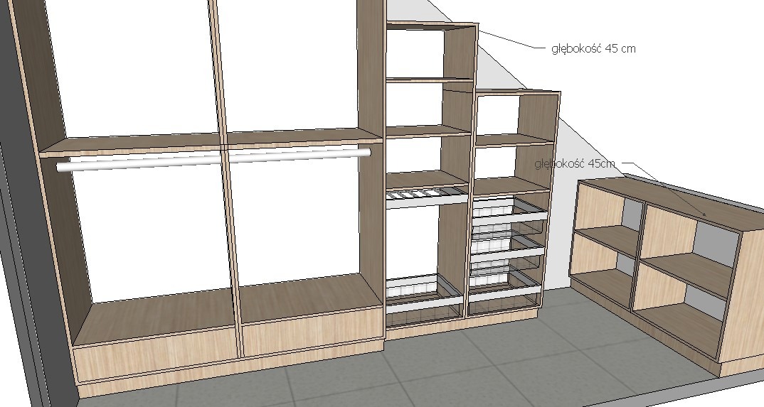 Wizualizacja 3D wnętrza szafy wnękowej z przesuwnymi drzwiami, półkami i szufladami z siatki, uzupełniona o wolnostojący regał o głębokości 45 cm.