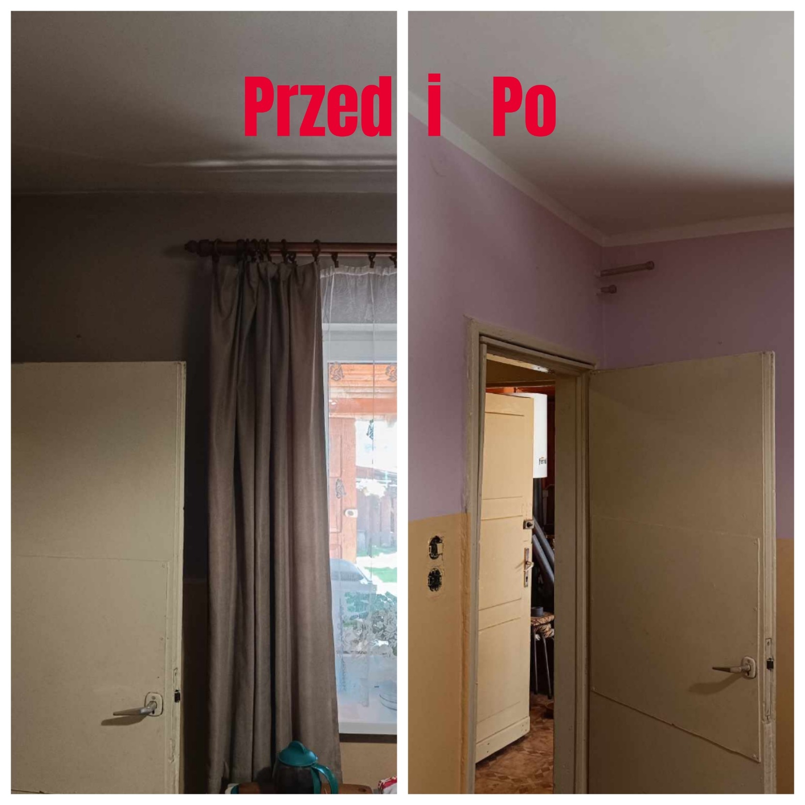 Porównanie stanu pokoju przed i po odświeżeniu: ściana pomalowana na liliowo z białym paskiem pod sufitem, widać też wymienione gniazdka elektryczne.