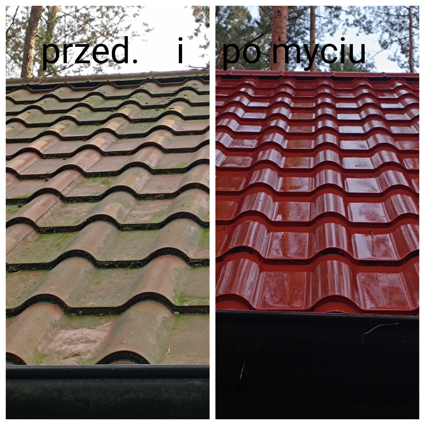 Porównanie dachu przed i po czyszczeniu, widoczne różnice w kolorze i czystości dachówek.