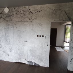 SD Projekt Marcin Sanduła - Wnętrze z fototapetą imitującą spękaną ścianę i motyw drzew, ukryte drzwi z minimalistyczną klamką oraz widoczne gniazdka elektryczne i włączniki.