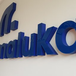 SD Projekt Marcin Sanduła - Niebieskie, trójwymiarowe litery tworzące nazwę firmy 'maluka' przymocowane do białej ściany wewnątrz budynku.