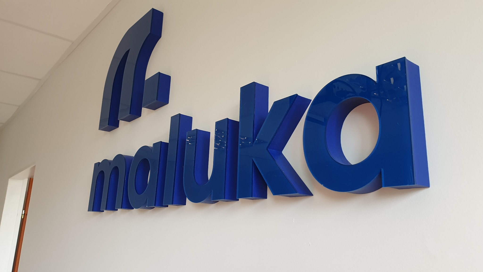 Niebieskie, trójwymiarowe litery tworzące nazwę firmy 'maluka' przymocowane do białej ściany wewnątrz budynku.