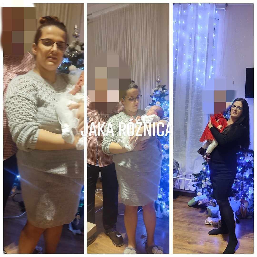 Kobieta w okularach trzymająca niemowlę na tle świątecznej dekoracji, kolaż trzech ujęć.