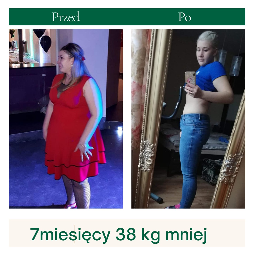 Zdjęcie 'przed i po' przedstawiające kobietę w czerwonej sukience przed utratą wagi i w jeansach po utracie 38 kg w 7 miesięcy, widoczne odbicie w lustrze podczas robienia zdjęcia telefonem.