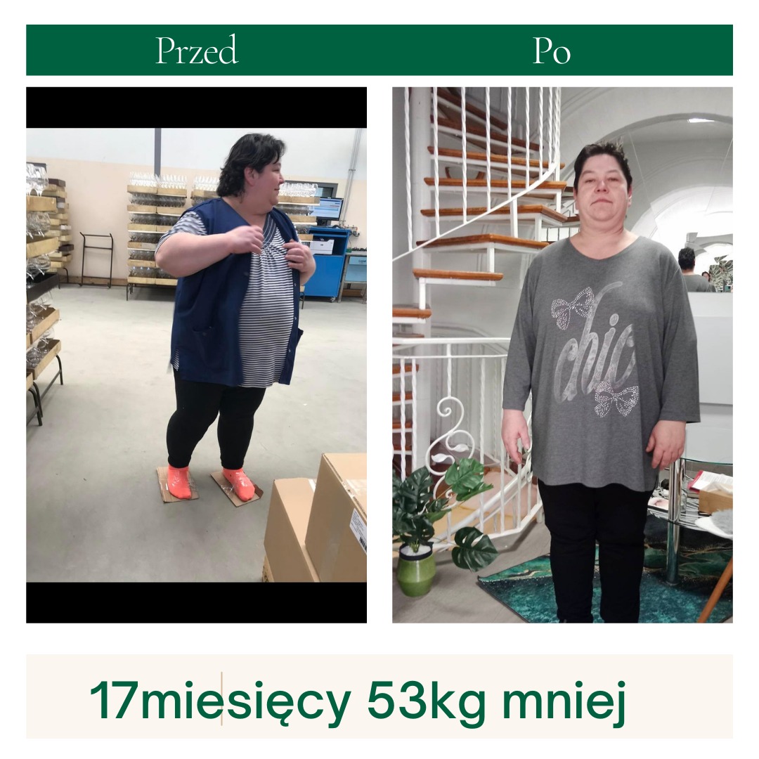 Porównanie sylwetki kobiety przed i po 17 miesiącach, z deklarowaną utratą 53 kg. Zdjęcie 'przed' w roboczym otoczeniu, kobieta w roboczym ubraniu i pomarańczowych klapkach na kartonach. Zdjęcie...