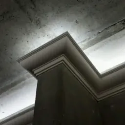 Wnętrze w trakcie prac wykończeniowych; widoczna surowa, betonowa powierzchnia sufitu kontrastuje z nowo zamontowanym, ozdobnym gzymsem przy suficie i ścianie, podkreślonym przez jasne oświetlenie.