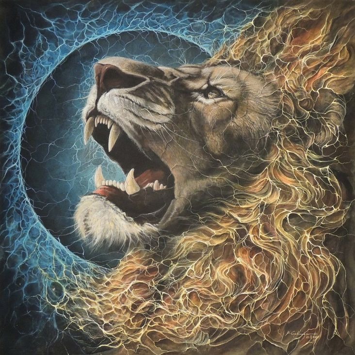 Obraz ENERGY LION 100x100. Wykonany na płycie drewnianej pokrytej cementem.