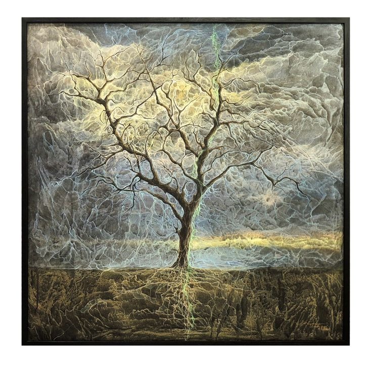 Obraz SAMOTNE DRZEWO 100x100cm, wykonany na drewnianej płycie pokrytej masą cementową