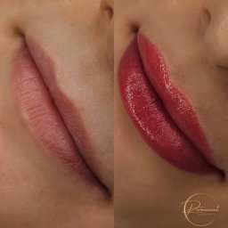 Makijaż permanentny Makijaż okolicznościowy Łódź - Permanent Pretty Maja Bębnowska - Zbliżenie na usta przed i po zabiegu pigmentacji permanentnej, ukazujące różnicę w kolorze i konturze.