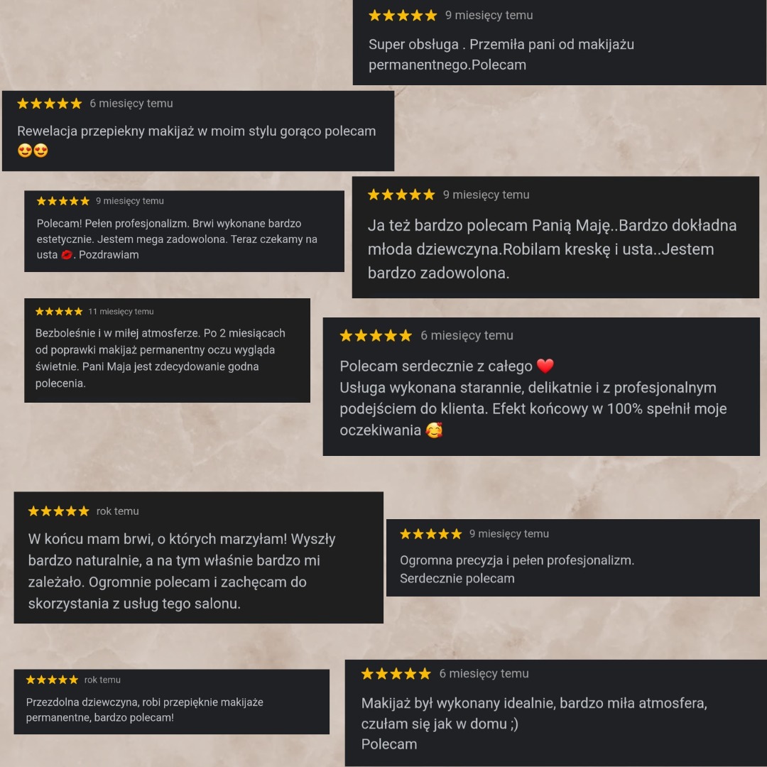 Zestaw pozytywnych opinii klientów w formie zrzutów ekranu z komunikatora, chwalących precyzję, atmosferę i efekty zabiegów upiększających, w tym makijażu permanentnego brwi, ust i oczu.