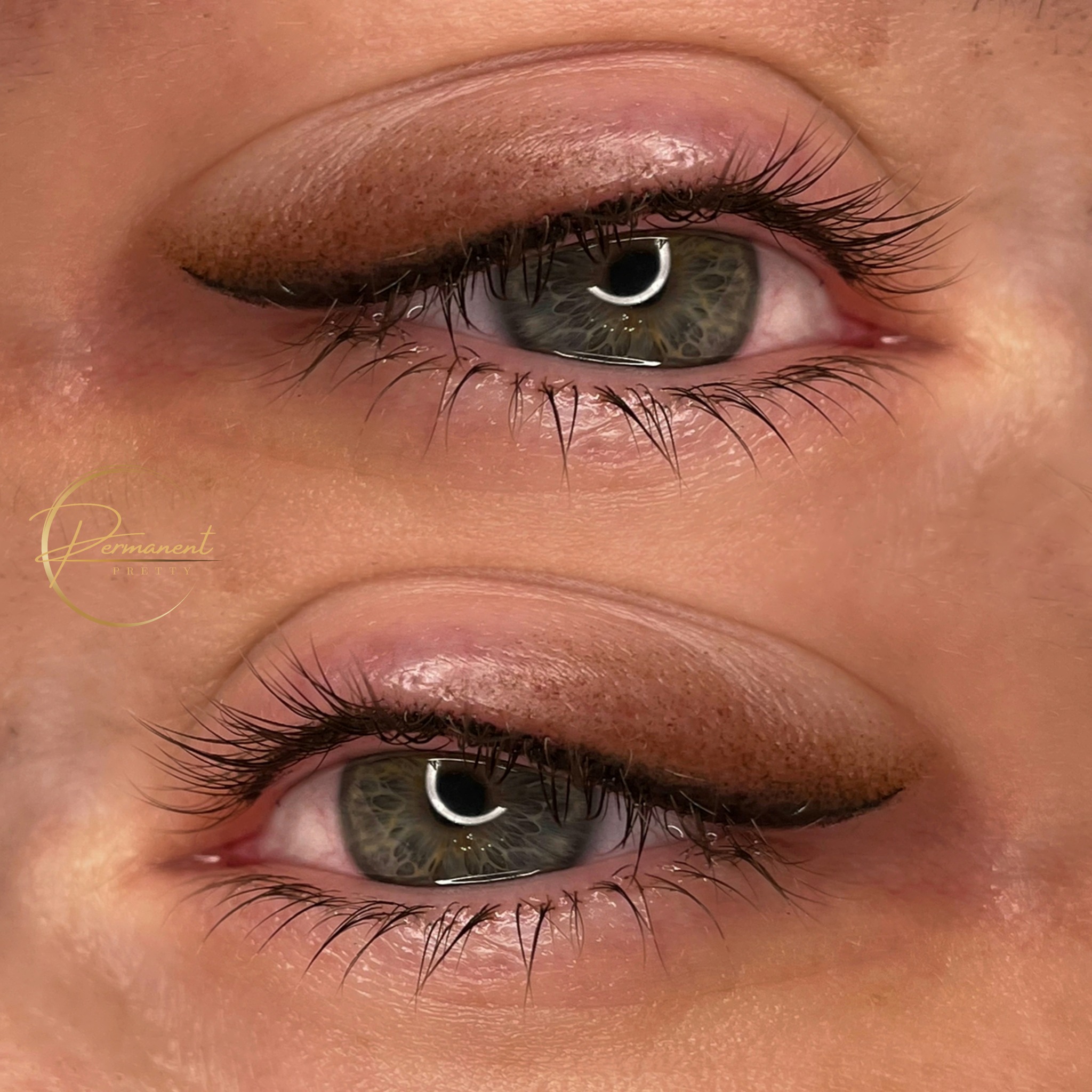 Zbliżenie na parę oczu z permanentnym brązowym eyelinerem, widoczne długie rzęsy i zielone tęczówki, na lewym oku widoczny znak wodny.