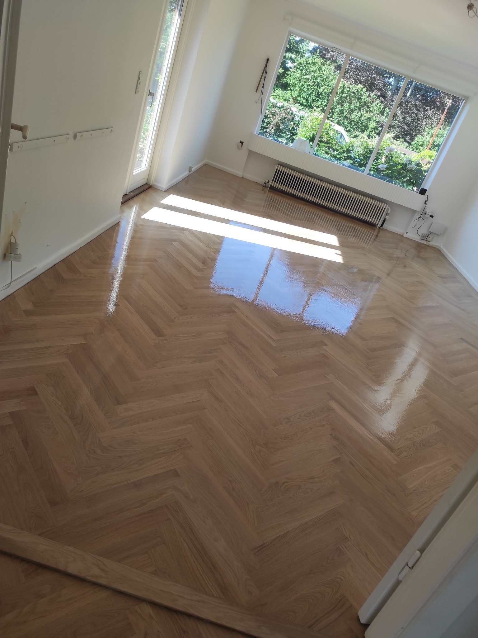 Błyszcząca, jasna podłoga ułożona w jodełkę klasyczną, odbijająca światło z okna w pustym pokoju z grzejnikiem.