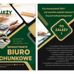 Grafika reklamowa biura rachunkowego z hasłem 'To zależy', przedstawiająca dłonie nad kalkulatorem i dokumentami, oraz listę oferowanych usług.