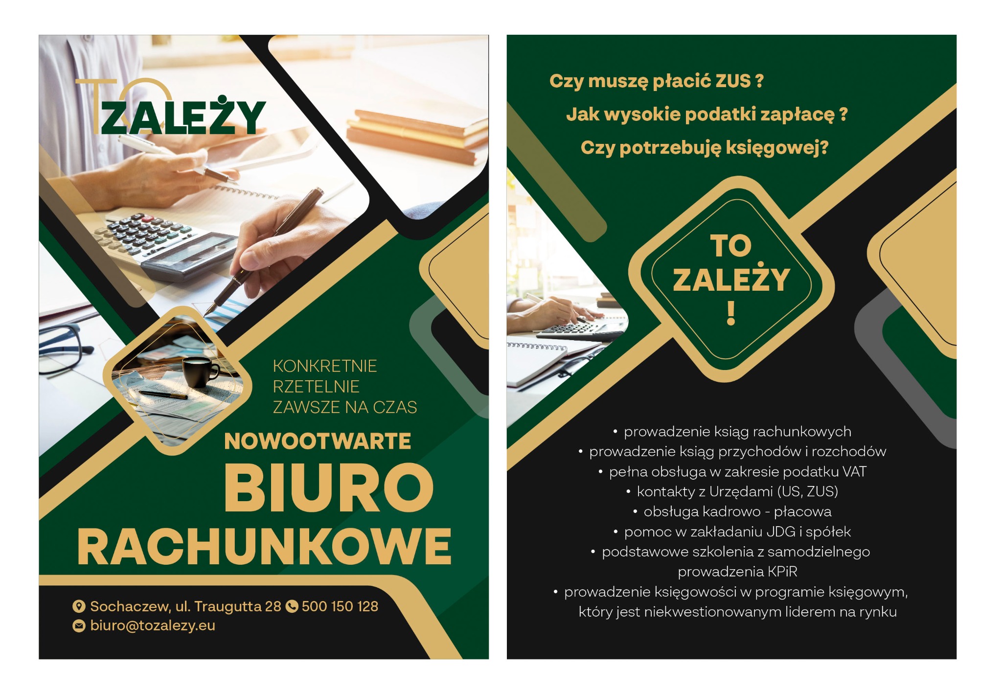 Grafika reklamowa biura rachunkowego z hasłem 'To zależy', przedstawiająca dłonie nad kalkulatorem i dokumentami, oraz listę oferowanych usług.