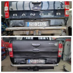 Ford Ranger przed i po naprawie blacharskiej w Białogardzie. Widoczne uszkodzenia i efekt końcowy z nową powłoką lakierniczą.