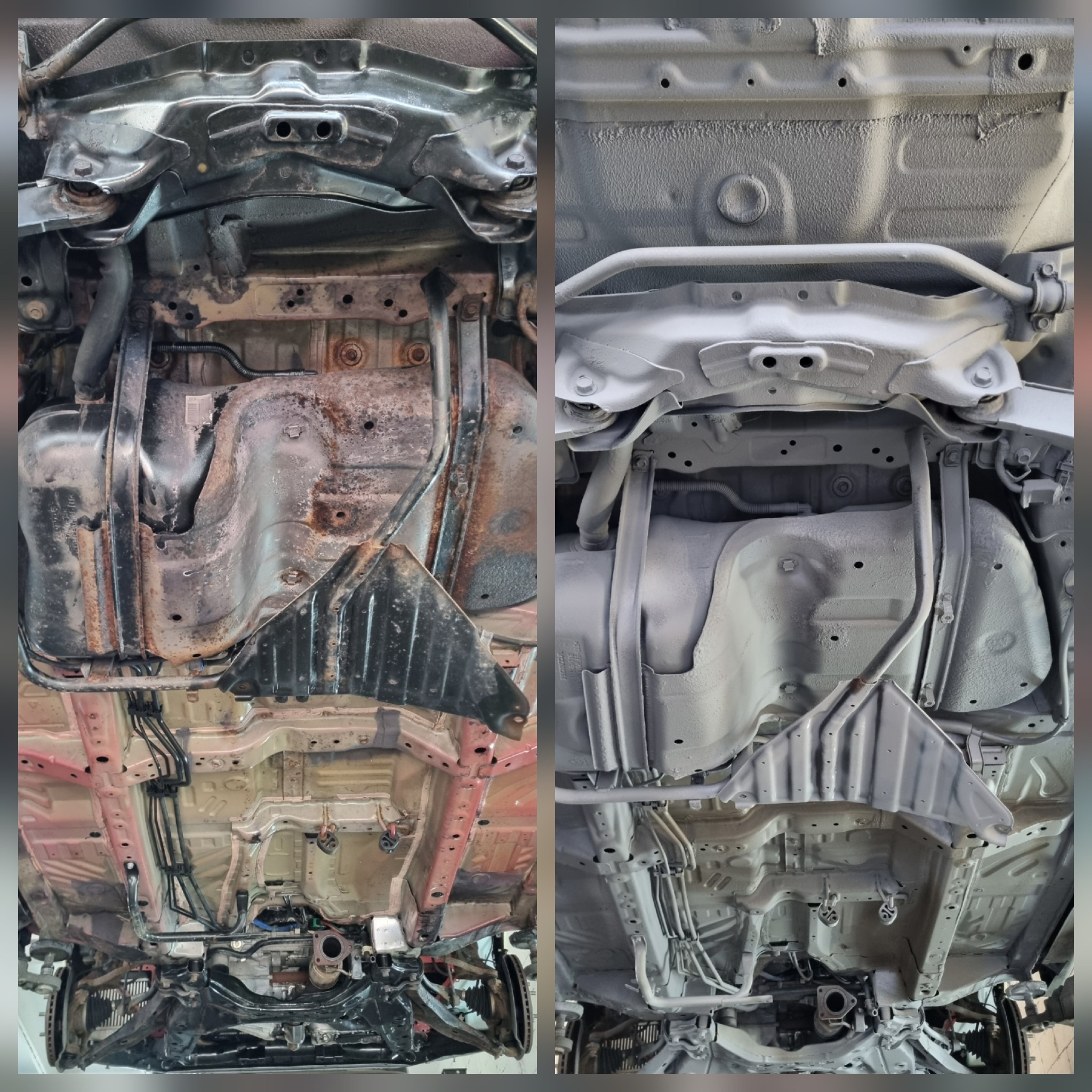 Podwozie samochodu przed i po konserwacji antykorozyjnej. Widoczne elementy podwozia pokryte rdzą przed zabiegiem, a po zabiegu zabezpieczone szarą powłoką.