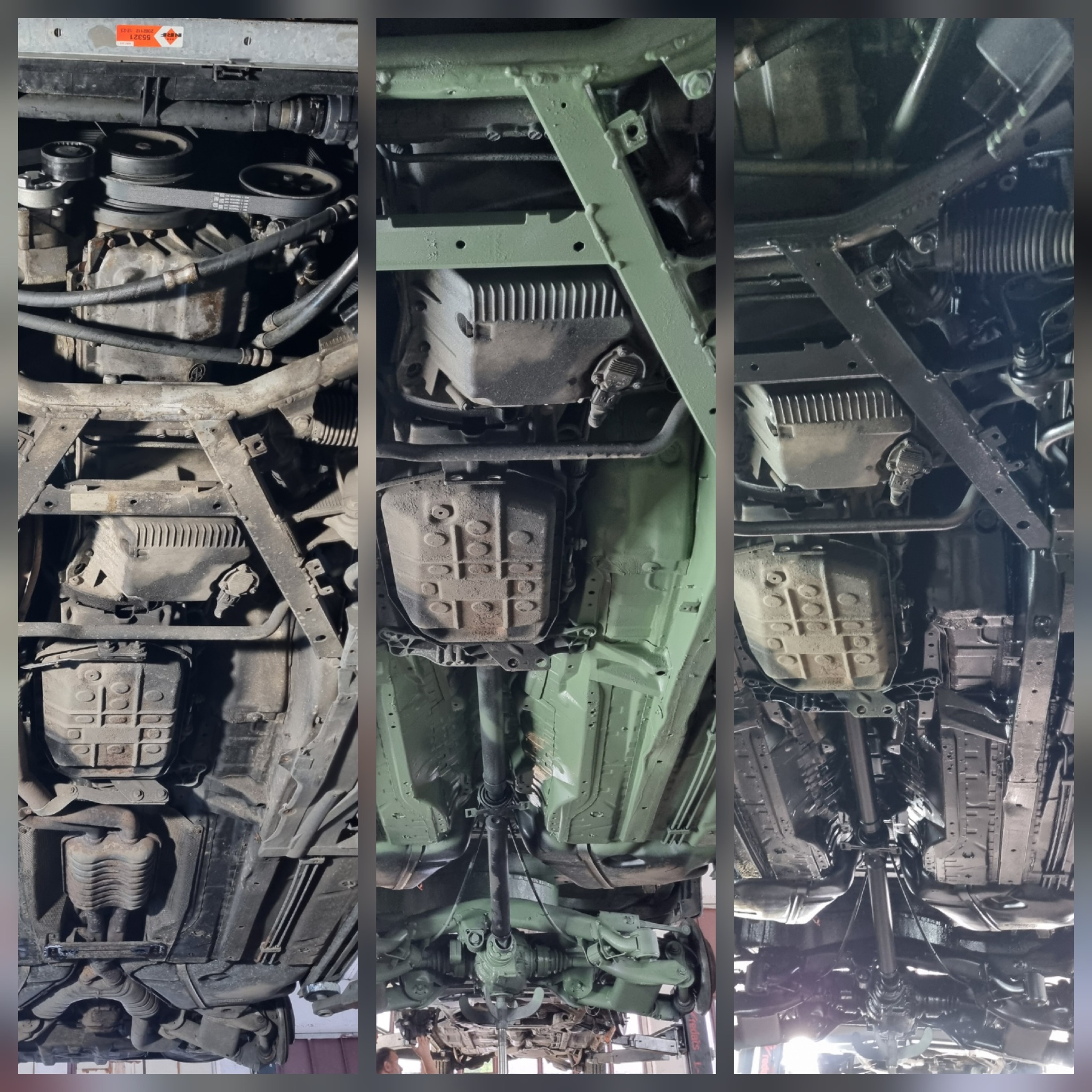 Kompozycja trzech ujęć podwozia samochodu: przed czyszczeniem, po piaskowaniu i po nałożeniu farby antykorozyjnej. Widoczne elementy zawieszenia, silnika i układu wydechowego.