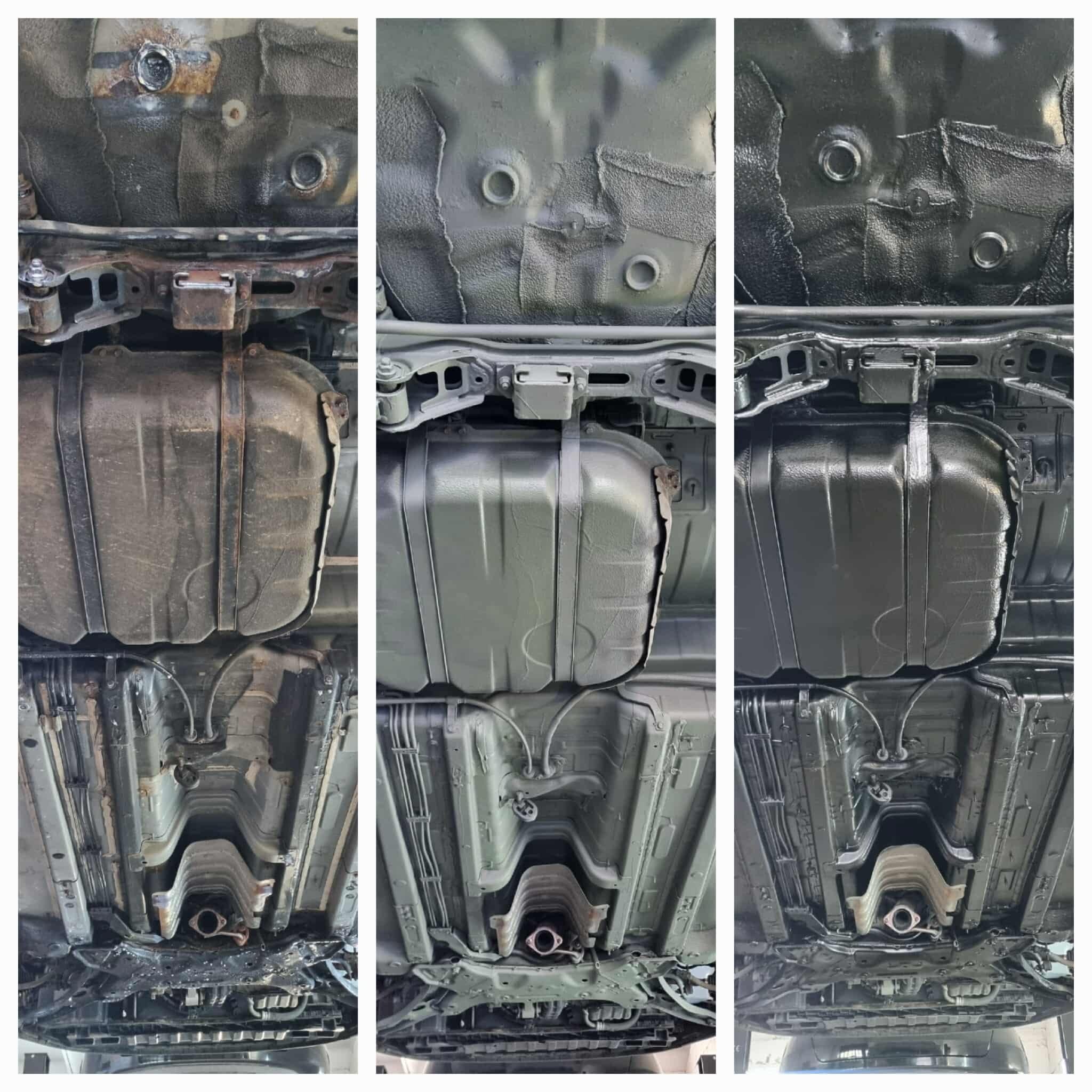 Porównanie podwozia auta: zardzewiałe, po piaskowaniu i po nałożeniu powłoki antykorozyjnej. Widok od spodu, zbiornik paliwa i układ wydechowy w kadrze.