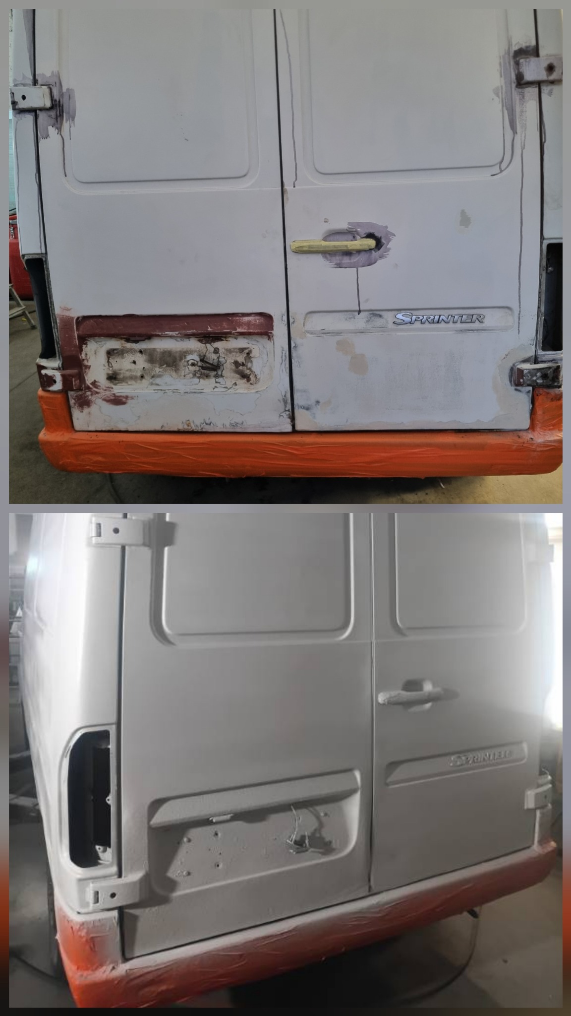 Zdjęcie 'przed i po' renowacji tylnych drzwi dostawczego Mercedesa Sprintera. Widoczne ślady rdzy, szpachli i pomarańczowa taśma maskująca. Dolne zdjęcie prezentuje efekt po naprawie.