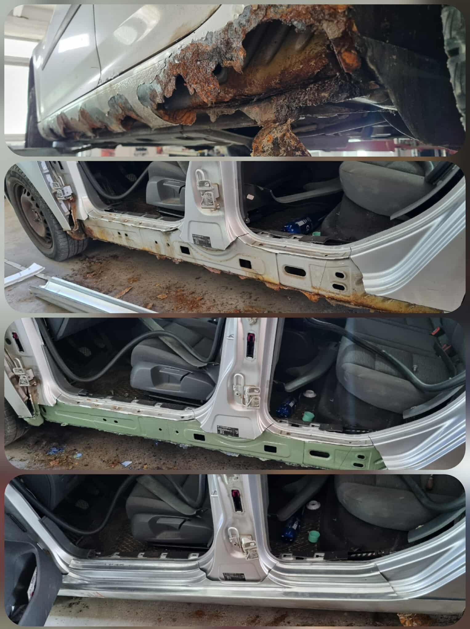 Kolorowy kolaż ukazujący etapy naprawy skorodowanego progu samochodu, od stanu przed naprawą, przez usunięcie rdzy, po zabezpieczenie antykorozyjne.