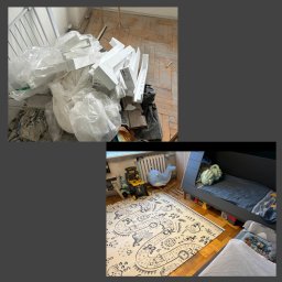 KACZKA PRACZKA - Dwa ujęcia: górne przedstawia gruz i odpady styropianowe po remoncie na podłodze z parkietu, dolne pokazuje pokój dziecięcy z łóżkiem i dywanem z motywami zwierzęcymi.