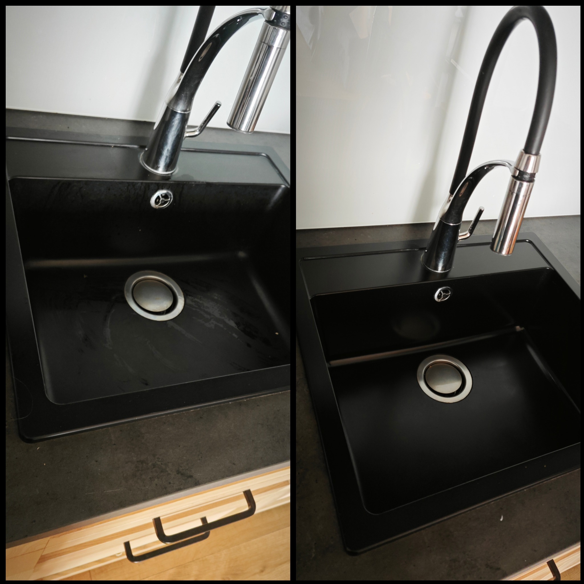 Porównanie czystości czarnego zlewu kuchennego przed i po czyszczeniu, widoczny kran z elastyczną wylewką oraz stalowy odpływ.