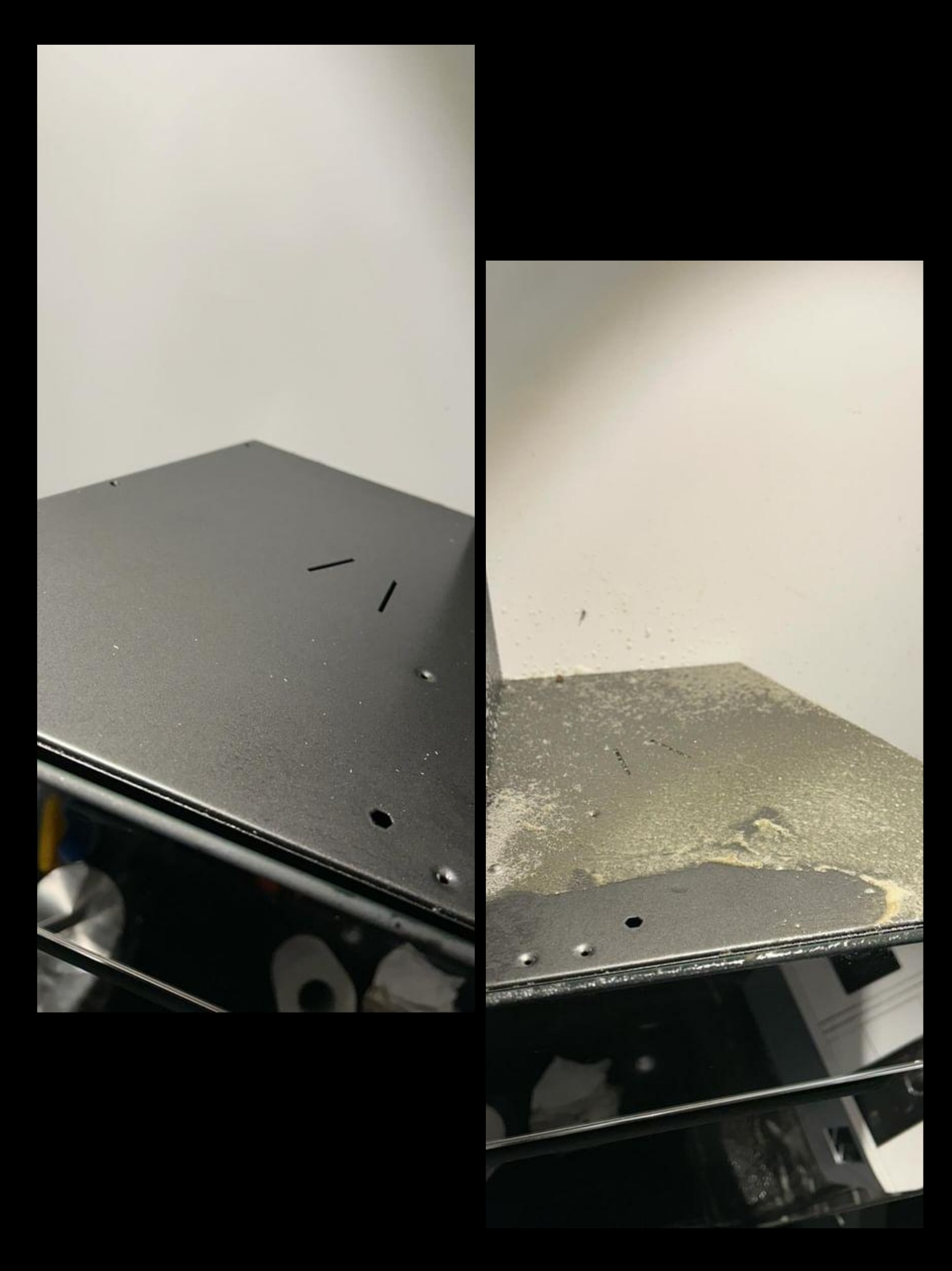 Porównanie powierzchni metalowej przed i po czyszczeniu: po lewej stronie widoczna czysta, szara powierzchnia z niewielkimi otworami i nacięciami, po prawej stronie powierzchnia pokryta grubą...