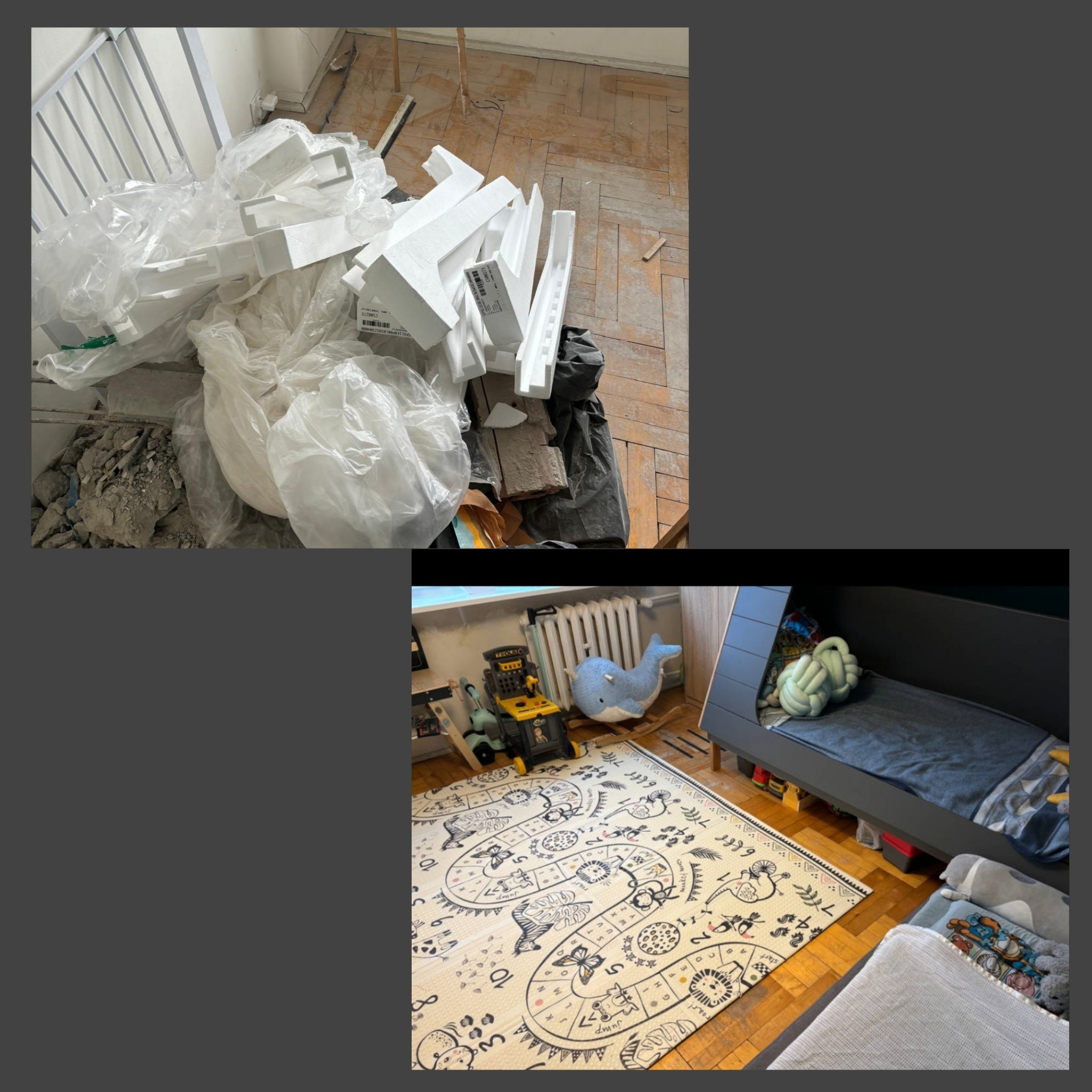 Dwa ujęcia: górne przedstawia gruz i odpady styropianowe po remoncie na podłodze z parkietu, dolne pokazuje pokój dziecięcy z łóżkiem i dywanem z motywami zwierzęcymi.