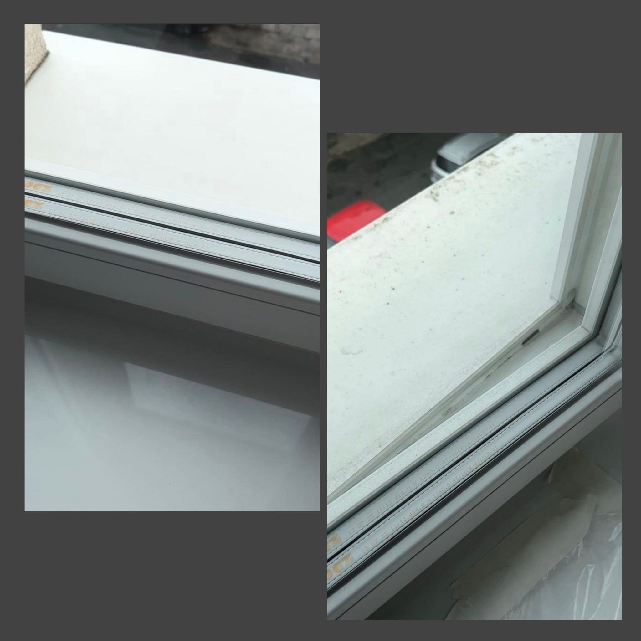 Porównanie stanu okna przed i po czyszczeniu, widoczne zabrudzenia i pleśń na ramie okiennej po prawej stronie, a po lewej czyste okno.