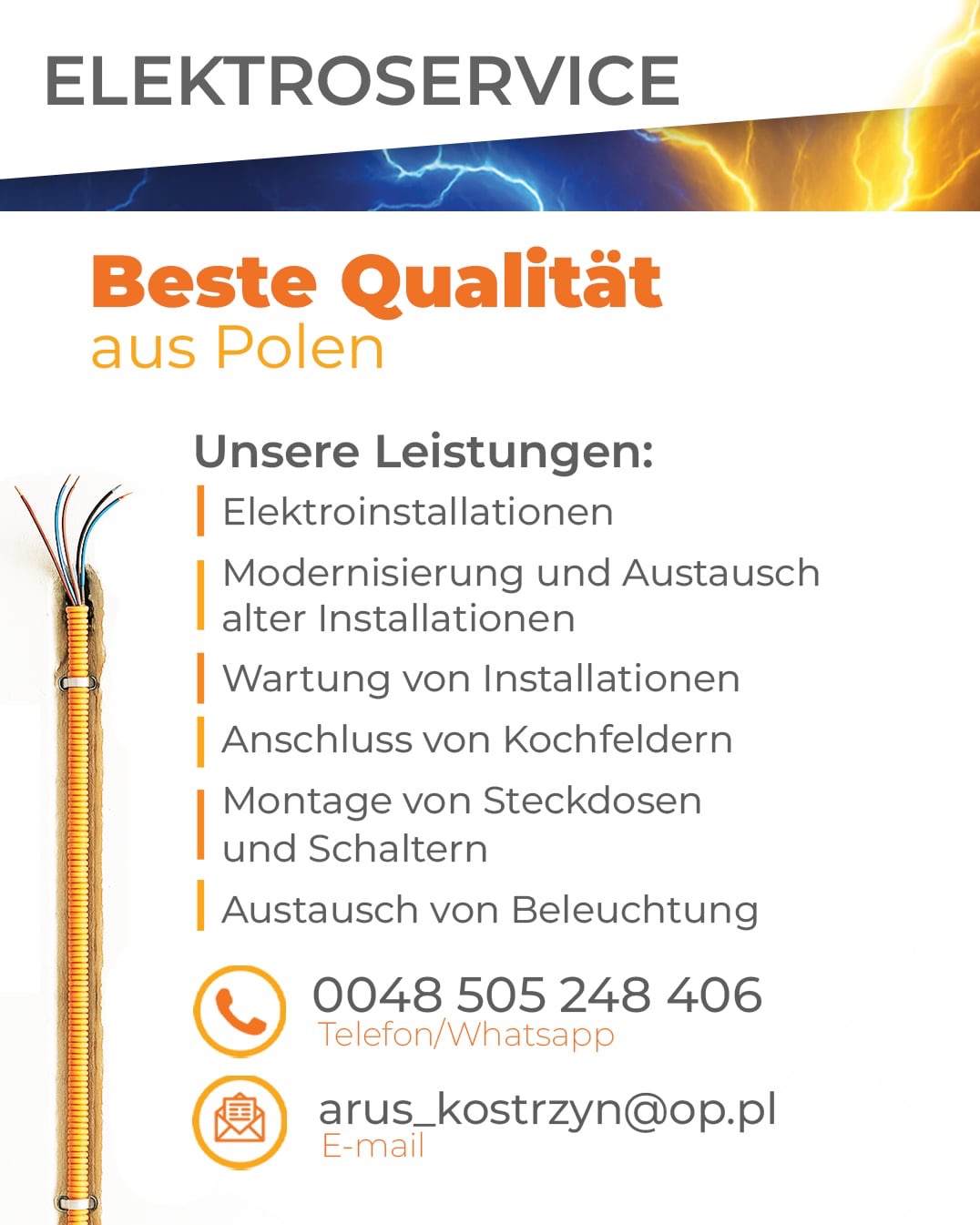 Grafika reklamowa elektroserwisu z kablem w peszlu, hasłem 'Beste Qualität aus Polen' i listą usług: elektroinstalacje, modernizacja, konserwacja, podłączenie, montaż, wymiana oświetlenia.