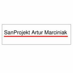 Logo firmy SanProjekt Artur Marciniak z czerwoną linią pod nazwą, umieszczone w prostokątnej ramce.